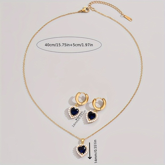 18K Gold Plated Love Heart Pendant Earrings + Necklace Set - Picture 3 of 5